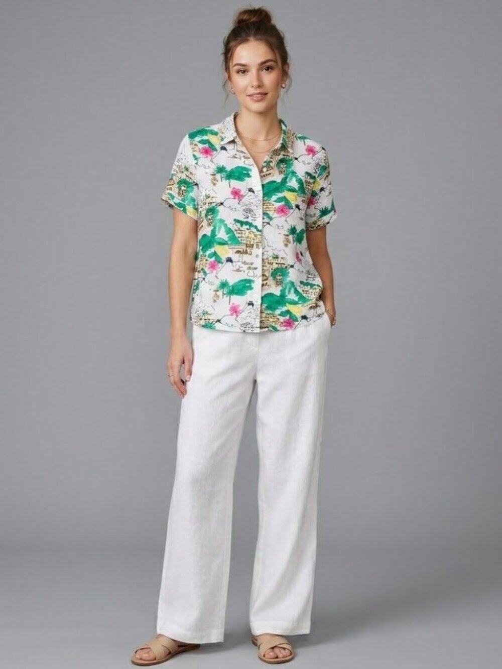 Cynthia Rowley Amalfi Coast Linen Shirt S Resortwear Coastal GreenWhite - Picture 1 of 9